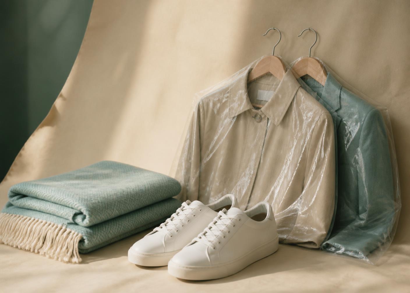 A folded blanket, clean sneakers and two covered garments