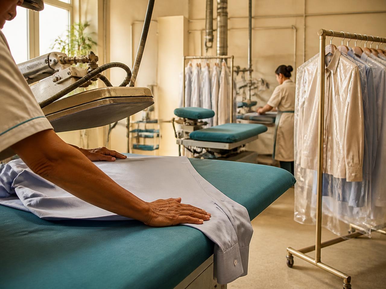 Garments being pressed at the Holiday Cleaners processing facility