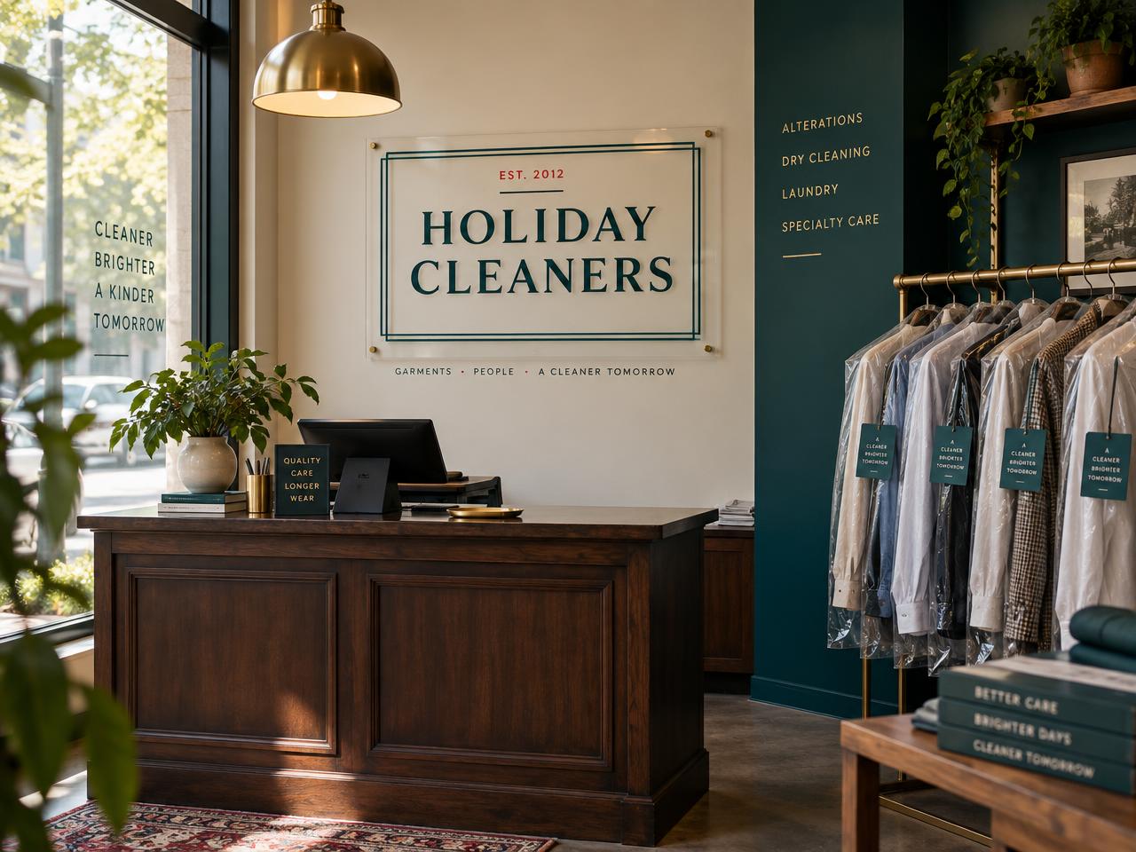A Holiday Cleaners collection counter with finished garments on the rack