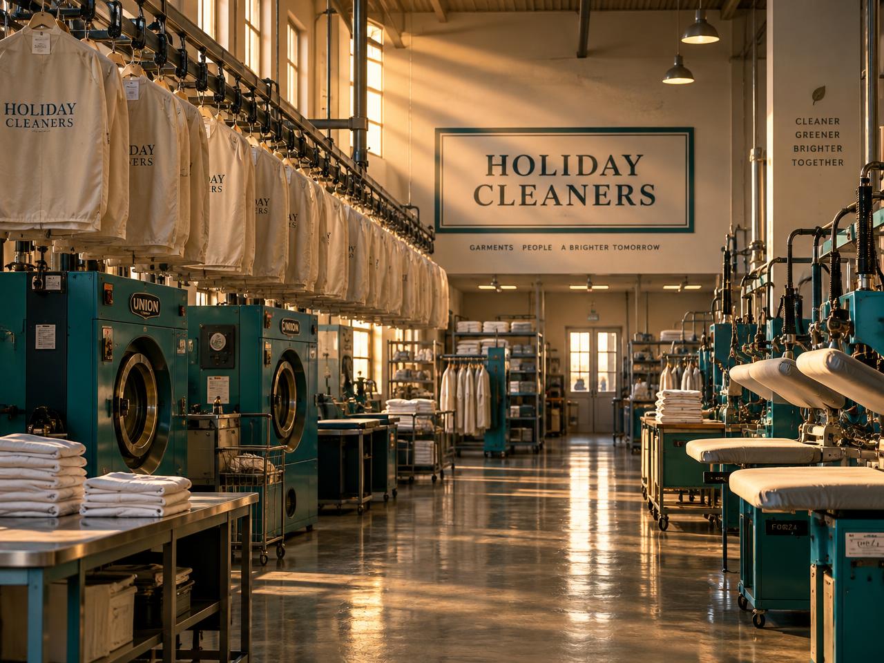 A central garment-care workshop with rows of machines and overhead rails