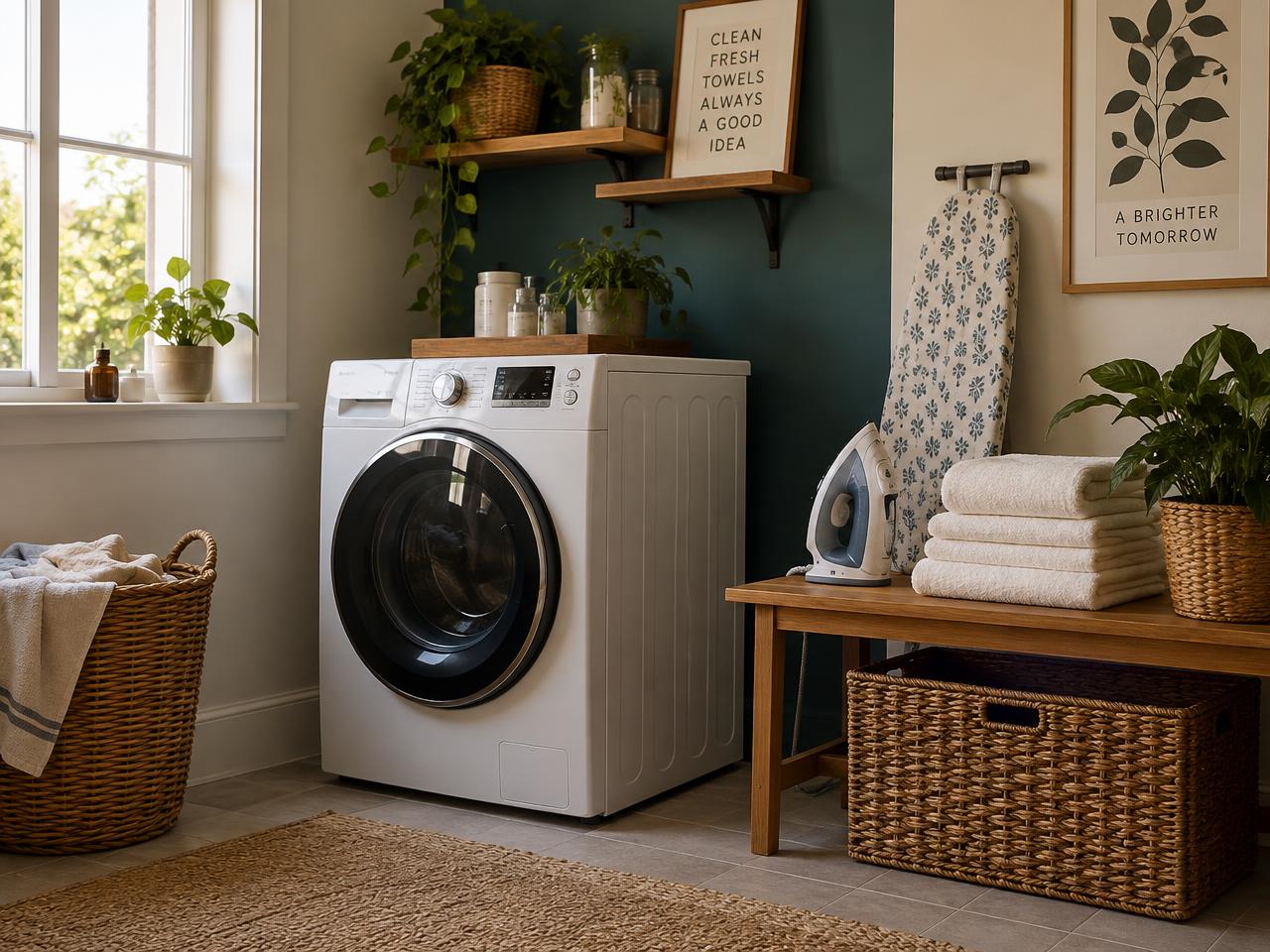 A compact home laundry setup with a washer, folded linen and a steamer