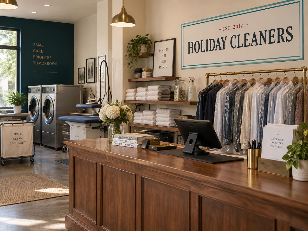 A standalone store with commercial washing machines and a garment rail